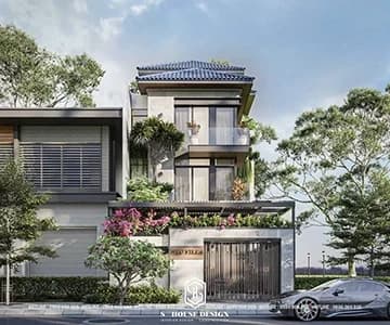 Thiết kế kiến trúc nhà phố mái thái 1 trệt 2 lầu hiện đại