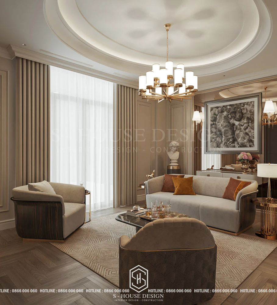 Bố trí bộ sofa nhỏ gọn đối diện bàn làm việc cho gia chủ nghỉ ngơi
